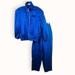 Vintage FUDA INTERNATIONAL Blue Silk Track Suit Jacket Pants Large